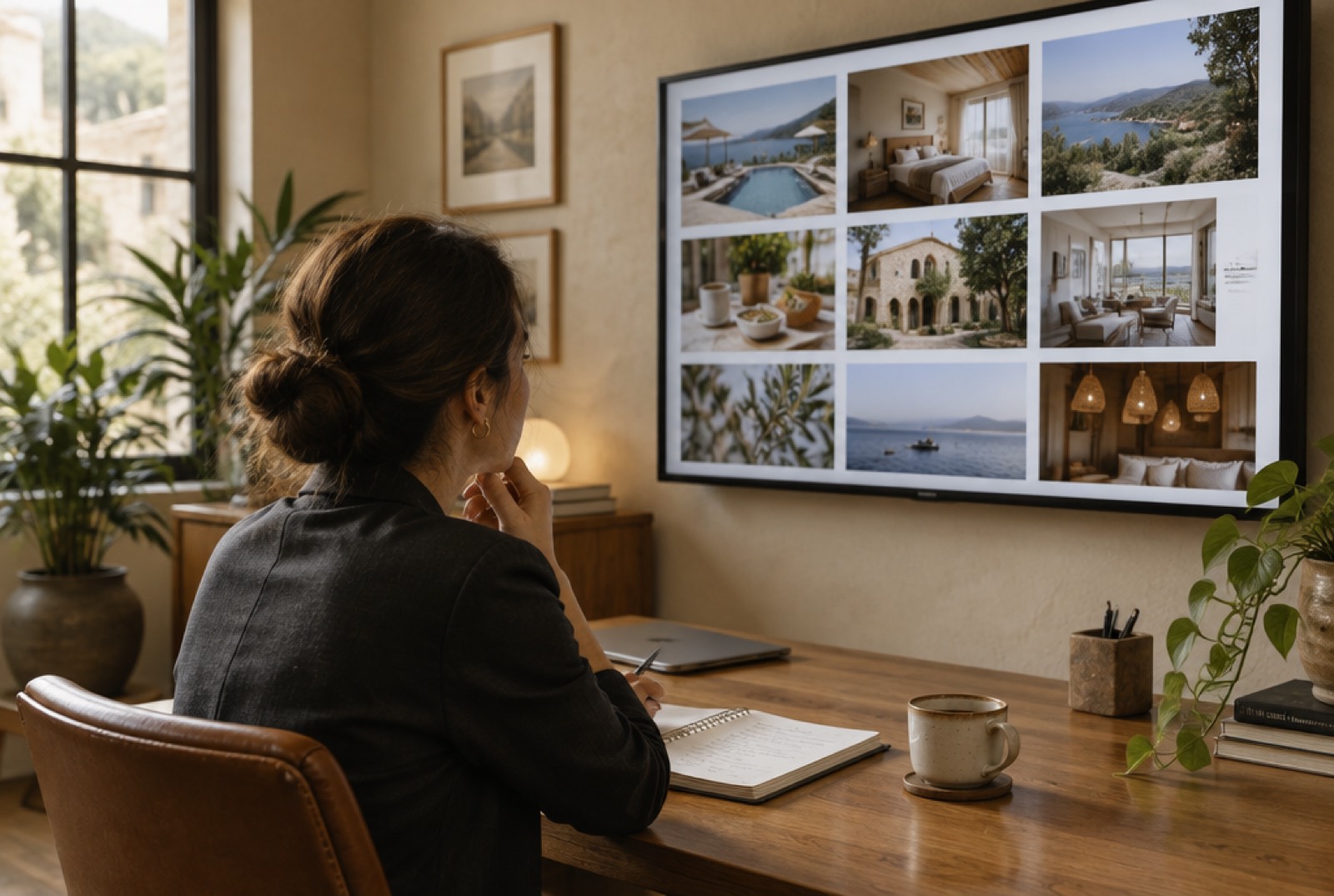 A hotel marketing manager reviewing property photographs on a screen.
