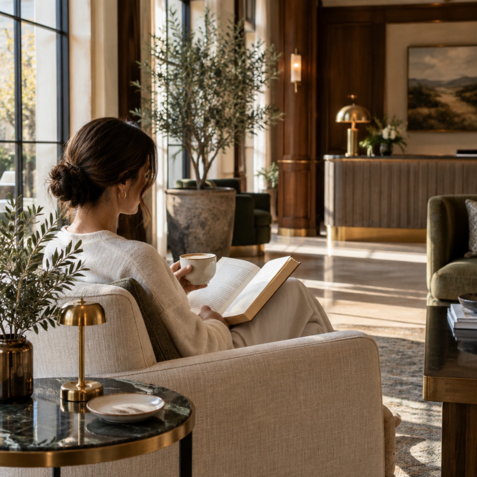 A guest reading with a coffee in a sunlit hotel lobby.