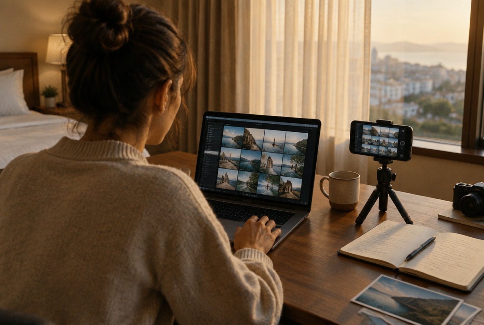 A creator sorting photographs on a laptop in late-afternoon light.