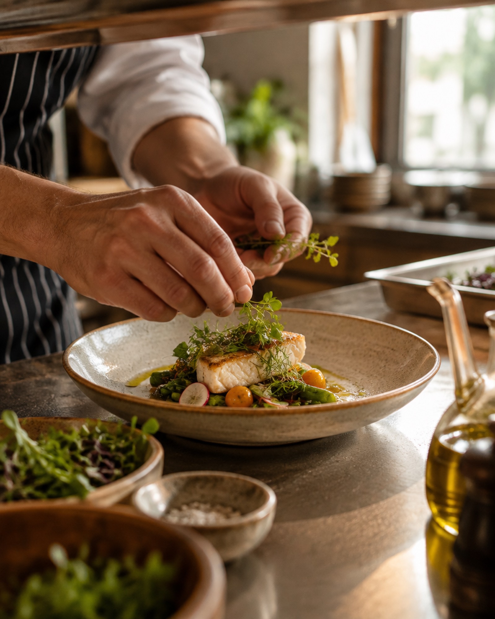 A chef plating a dish in a hotel kitchen