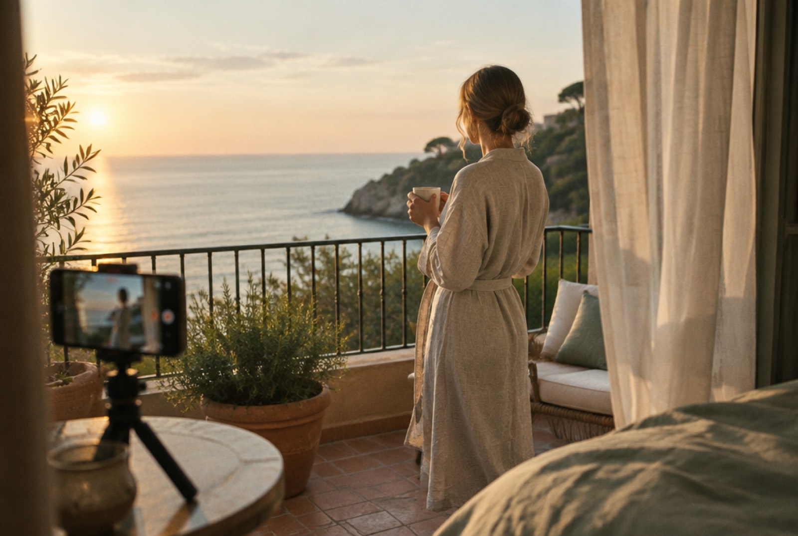 A creator filming herself with a coffee on a hotel balcony at golden hour