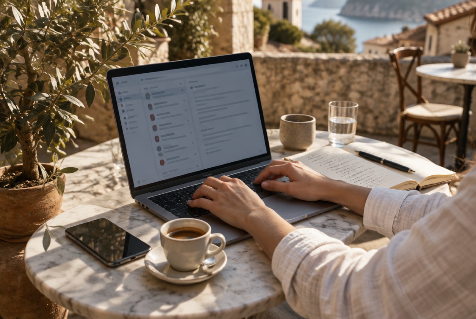 A creator writing outreach emails at a café table.