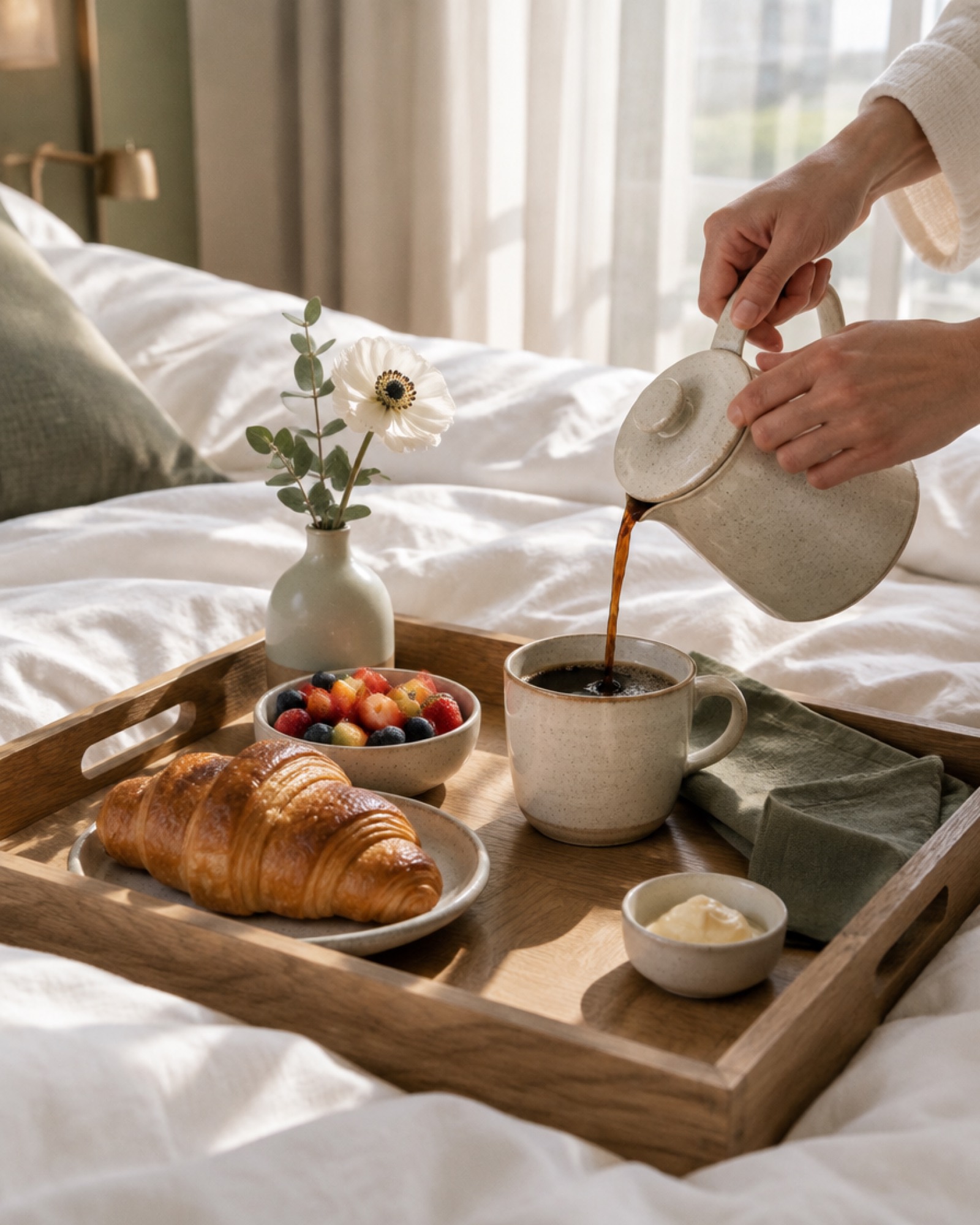Breakfast in bed on white hotel linen