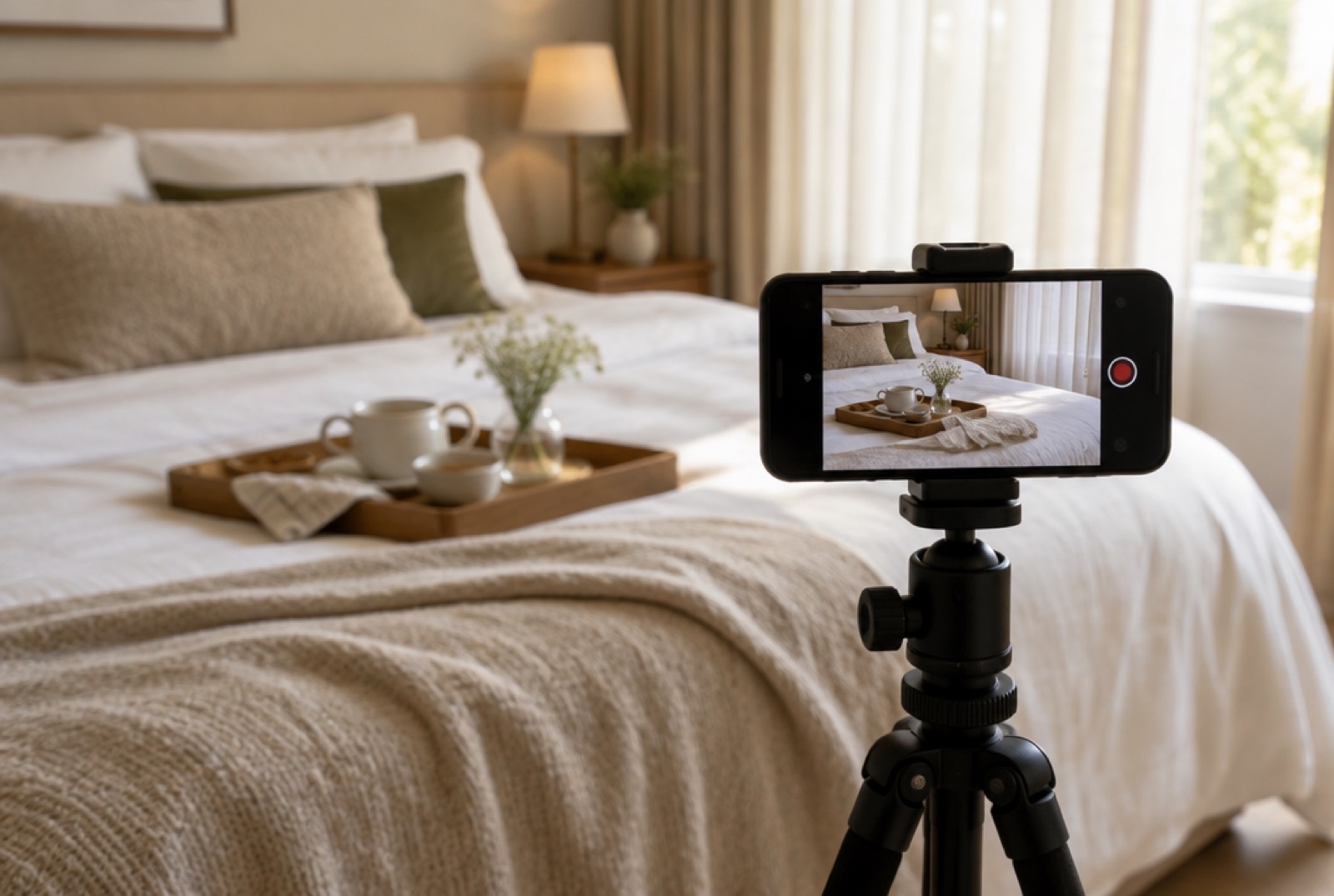 A phone on a small tripod filming a styled hotel room detail.