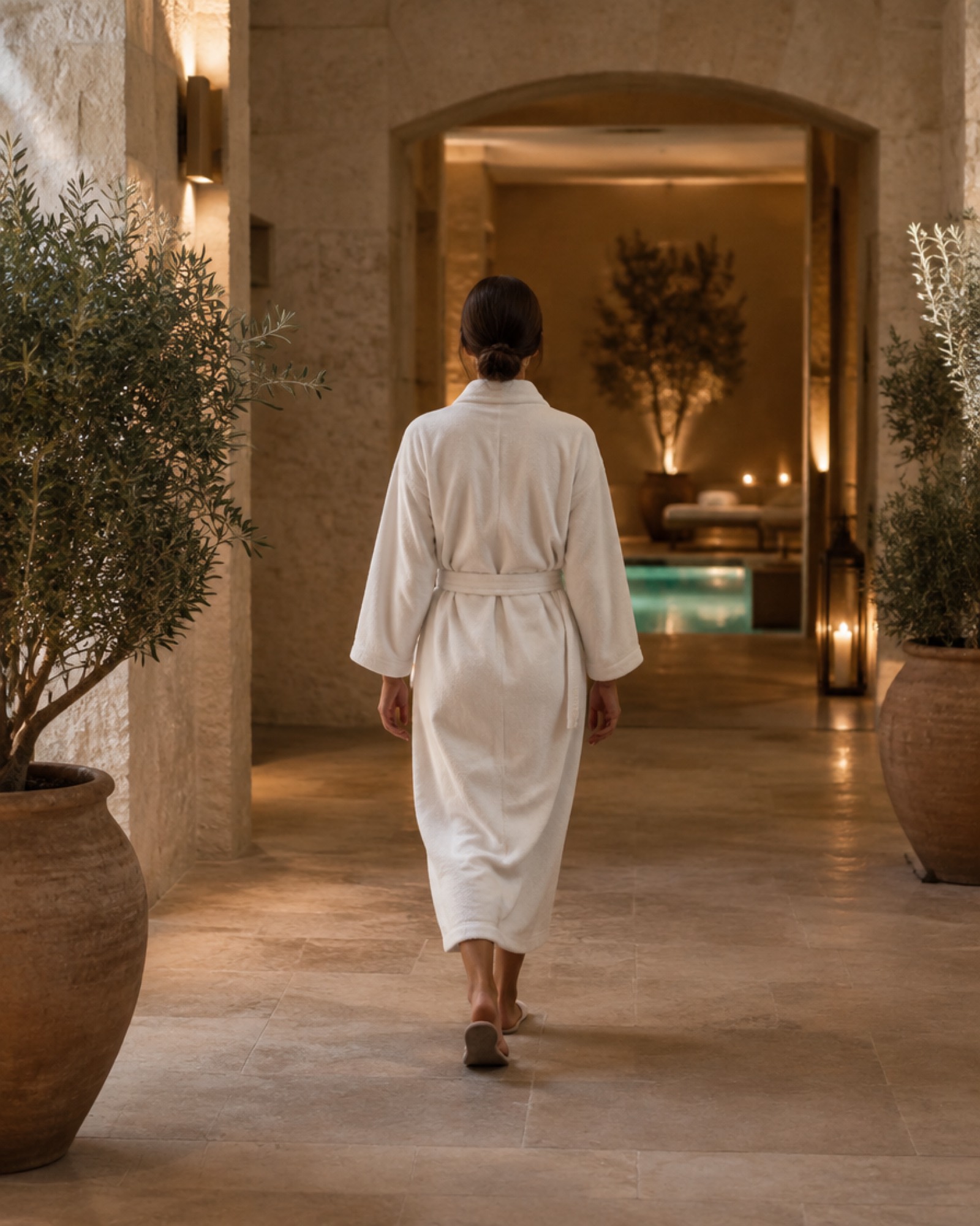 A guest in a robe walking toward a spa